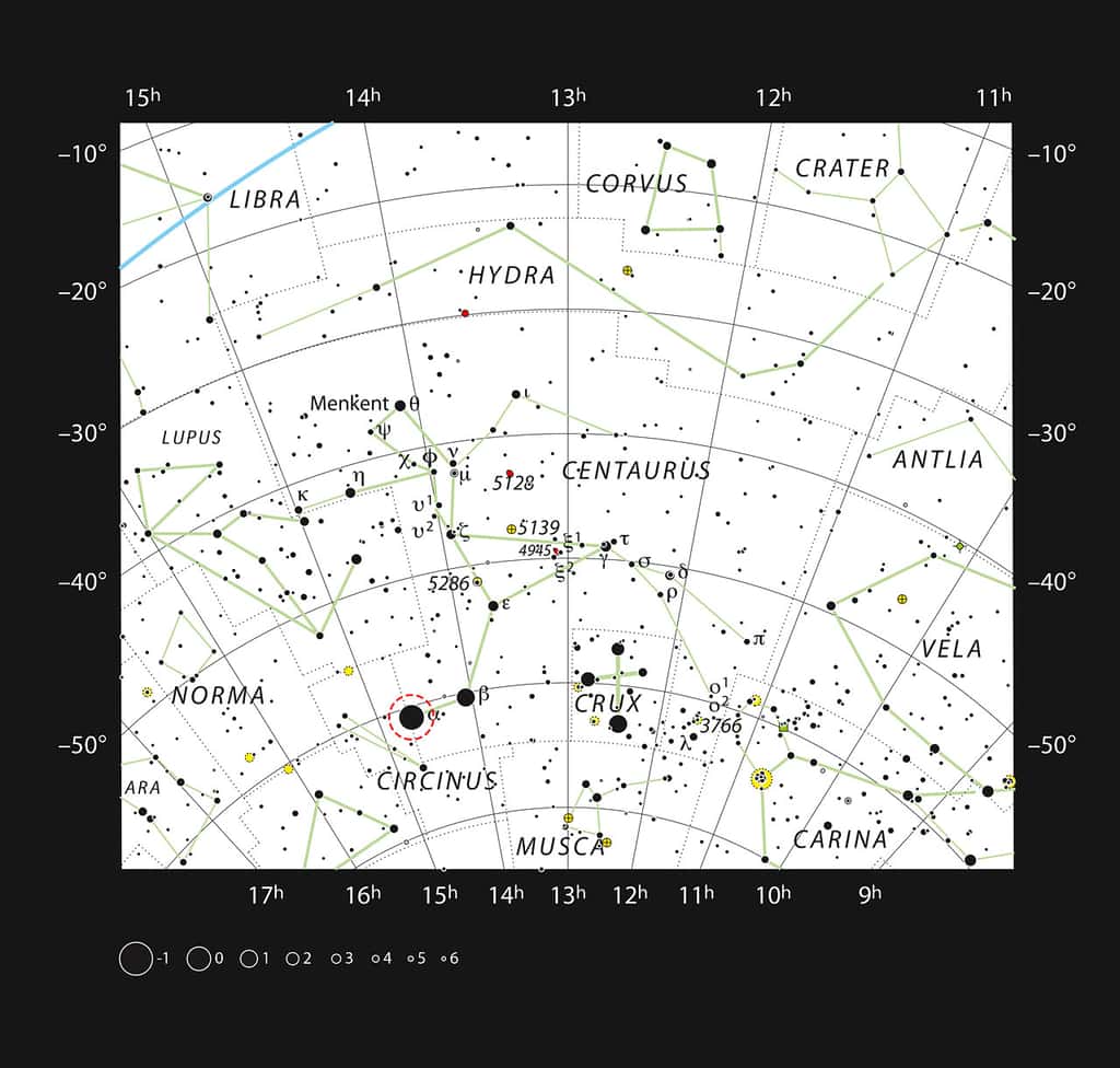 La constellation Centaure (<em>Centaurus</em>) visible dans le ciel de l'hémisphère sud. Alpha en est la plus lumineuse. © ESO