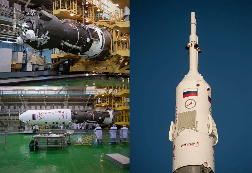 La capsule Soyouz TMA-06M installée dans la coiffe du lanceur. En position verticale, on remarque la tour d'éjection (au sommet de la fusée) dont la fonction est d'extraire la capsule et ses occupants du lanceur en cas d'une urgence pendant les opérations de mise à feu et durant le début de l'ascension. © Nasa/ Victor Zelentsov