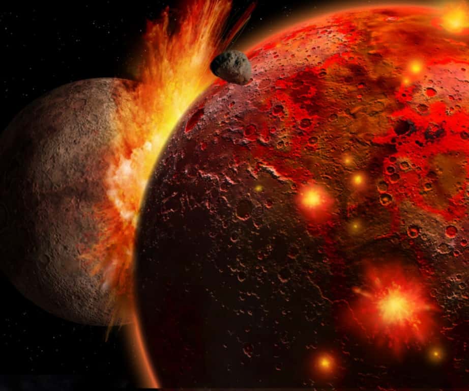 Une vue d'artiste de la collision de Théia avec la jeune Terre. Sur cette image, Théia est plus grosse que Mars, ce qui apparait maintenant comme possible. © Ron Miller