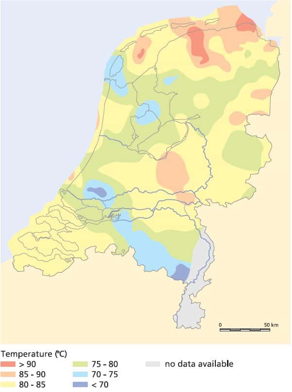 Les ressources géothermiques en Hollande : températures à 2.000 m sous la surface. L'hiver, il y a de quoi dégeler quelques bandes de bitume... © <a href="http://geothermie.nl/fileadmin/user_upload/documents/bestanden/Engels/Geology_of_The_Netherlands.pdf" title="Geothermal energy - A. Lokhorst &amp; Th.E. Wong" target="_blank"><em>Geothermal energy</em></a>/A. Lokhorst &amp; Th.E. Wong