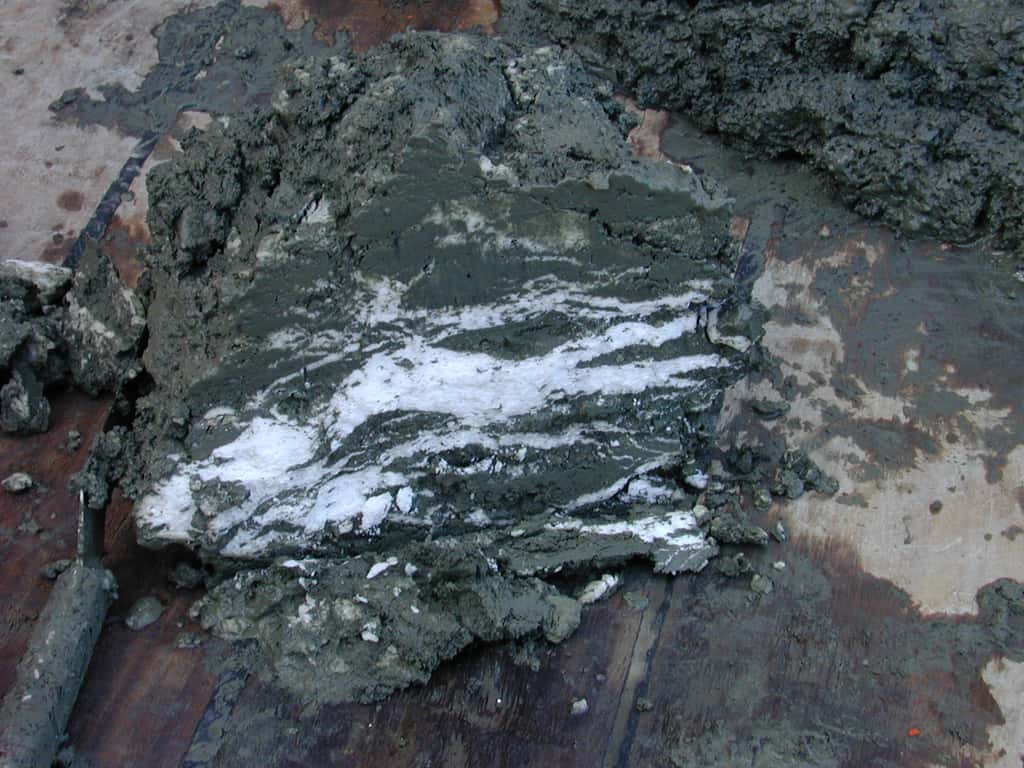 L'hydrate de méthane, enfoui dans les sédiments peut se déstabiliser et revenir à l'état gazeux. Retrouvés lors d'une expédition scientifique allemande, les filons de méthane (en blanc sur la photo) se trouvaient dans le premier mètre de sédiment à 1.200 m de profondeur, au large de l'Oregon (États-Unis). © Wusel007, Wikipédia, cc by-sa-3.0