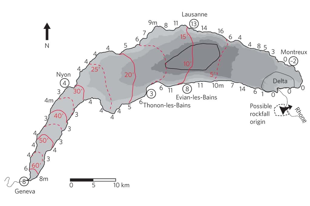 Représentation schématisant la propagation du tsunami survenu dans le lac Léman en 563 après J.-C. L'éboulement a atteint le Rhône sur la droite de l’image (<em>Possible rockfall origin</em>). La vague générée s’est ensuite propagée vers l’ouest. Les lignes rouges indiquent sa position par intervalles de 5 minutes (les temps correspondant aux différents traits sont inscrits en rouge). Les valeurs dans les cercles indiquent la hauteur de la vague lorsqu’elle est arrivée sur les villes bordant le lac. © Katrina Kremer, Guy Simpson et Stéphanie Girardclos 2012, <em>Nature Geoscience</em>
