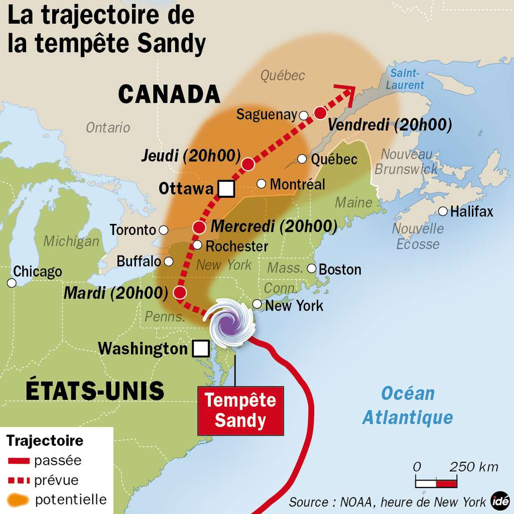 Sandy est classée comme tempête tropicale à présent. Elle s'affaiblira en continuant sa trajectoire vers le sud du Canada. © idé