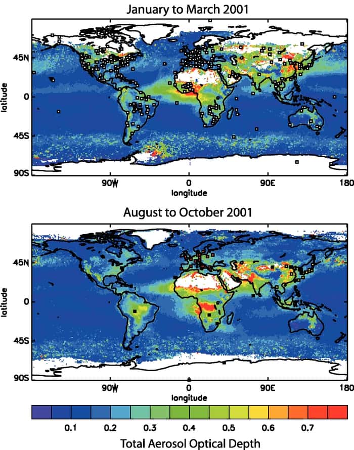 La répartition mondiale du taux d'aérosols (ici exprimé en profondeur optique totale d'aérosol variant de 0 à 1) est largement inégale. Les zones rouges indiquent les régions où le taux d'aérosol est maximal. Ces cartes montrent le taux moyen d'aérosols saisonnier, entre janvier et mars 2001 pour la carte du haut et entre août et octobre 2001 pour celle du bas. La répartition saisonnière des aérosols évolue beaucoup : c'est principalement dû à la combustion de la biomasse et des activités industrielles. © IPCC
