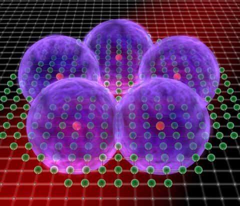 Image d'artiste d'un réseau optique piégeant quelques centaines d'atomes de rubidium. Cinq d'entre eux sont excités de sorte qu'ils deviennent des atomes de Rydberg de diamètre bien supérieur. © 2012, <em>Max Planck Institute of Quantum Optics</em>, Garching