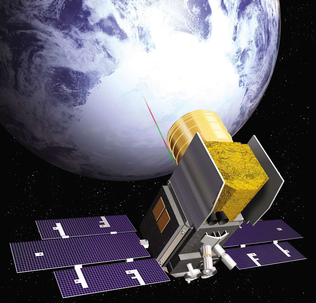 Le satellite IceSat (pour <em>Ice, Cloud, and land Elevation Satellite</em>) a été placé sur une orbite quasiment circulaire à 600 km d’altitude. Il a notamment été utilisé pour mesurer l’épaisseur de la couche de glace au Groenland et en Antarctique grâce au Glas, le seul instrument embarqué à bord. © Nasa