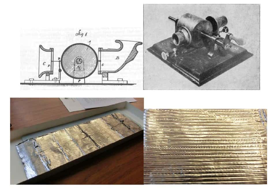 Sur les deux images supérieures, on découvre un schéma et une reproduction du phonographe de Thomas Edison. On distingue le cylindre, actionné par une manivelle, sur lequel était enroulée la feuille d’aluminium. Le stylet relié à un diaphragme y imprimait les vibrations produites par l’onde sonore de la voix humaine sous la forme de sillons verticaux. Il suffisait ensuite d’inverser le processus pour lire l’enregistrement. © <em>Lawrence Berkeley National Laboratory</em>/Misci