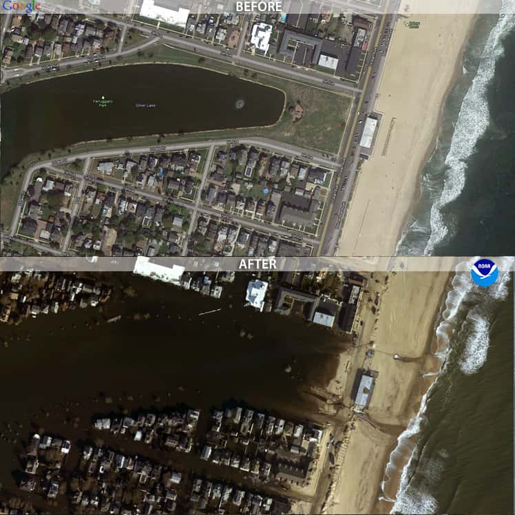 Le lac de Sylvan, à Belmar, au sud de New York, n'a pas tardé à se confondre à l'océan. L'image « avant » vient de Google Earth et l'image « après » a été obtenue grâce aux avions de la NOAA. © NOAA