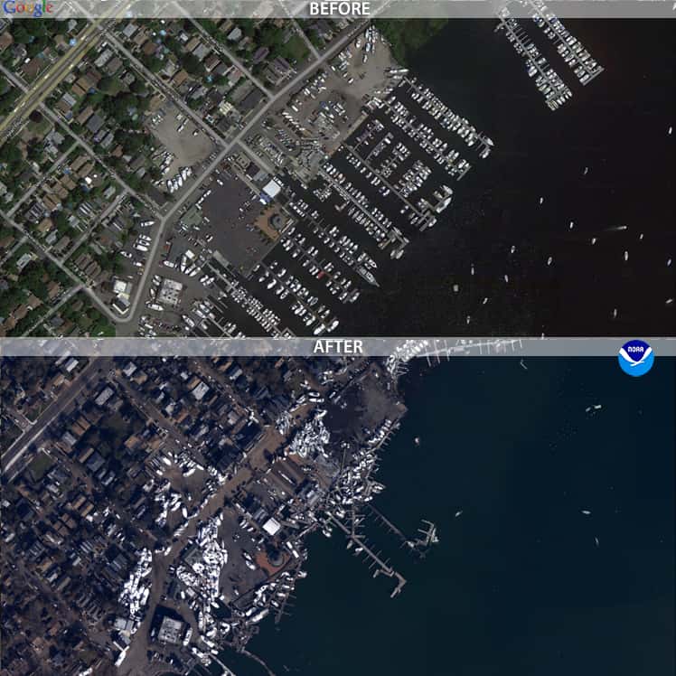 Le Staten Island, New York. L'image « avant » vient de Google Earth, et l'image « après » a été obtenue grâce aux avions de la NOAA. © NOAA