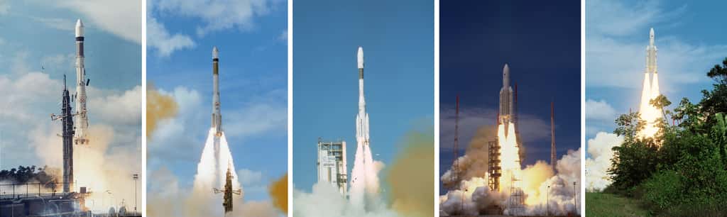 Du premier lancement d’une Ariane en décembre 1979, à celui de la version 10 tonnes, le fleuron de la gamme d’Arianespace, voici en image les premiers lancements réussis de chaque version de la famille Ariane. De gauche à droite : 1<sup>re</sup> Ariane 1 (24 décembre 79), 1<sup>re</sup> Ariane 3 (4 août 1984), 1<sup>re</sup> Ariane 4 (15 juin 1988), 2<sup>e</sup> Ariane 5G (30 octobre 1997) et 2<sup>e</sup> Ariane 5 ECA (12 février 2005). © Esa/Cnes/Arianespace - Service optique CSG 