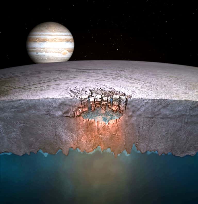 Une vision d'artiste de la formation du lac sous-glaciaire à l'origine probable des chaos d'Europe. © Britney Schmidt/Dead Pixel VFX/<em>Univ. of Texas at Austin</em>