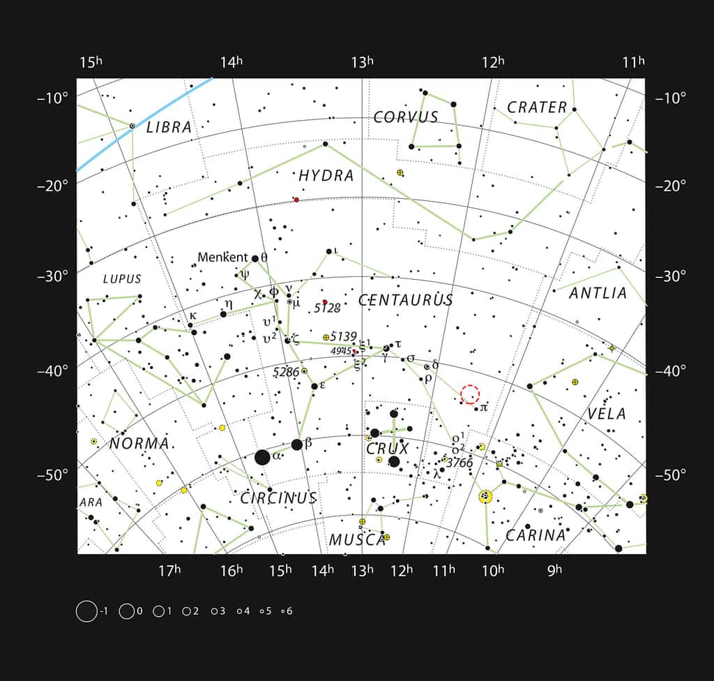 Localisation de la nébuleuse planétaire Fleming I dans la constellation australe du Centaure. Cette carte montre la plupart des étoiles visibles à l'œil nu dans de bonnes conditions atmosphériques, et la localisation de la nébuleuse est précisée par un cercle de couleur rouge sur l'image. Cette nébuleuse planétaire est petite et peu brillante et ne peut être aperçue qu'à l'aide des plus grands télescopes amateurs. © ESO, IAU, Sky &amp; Telescope