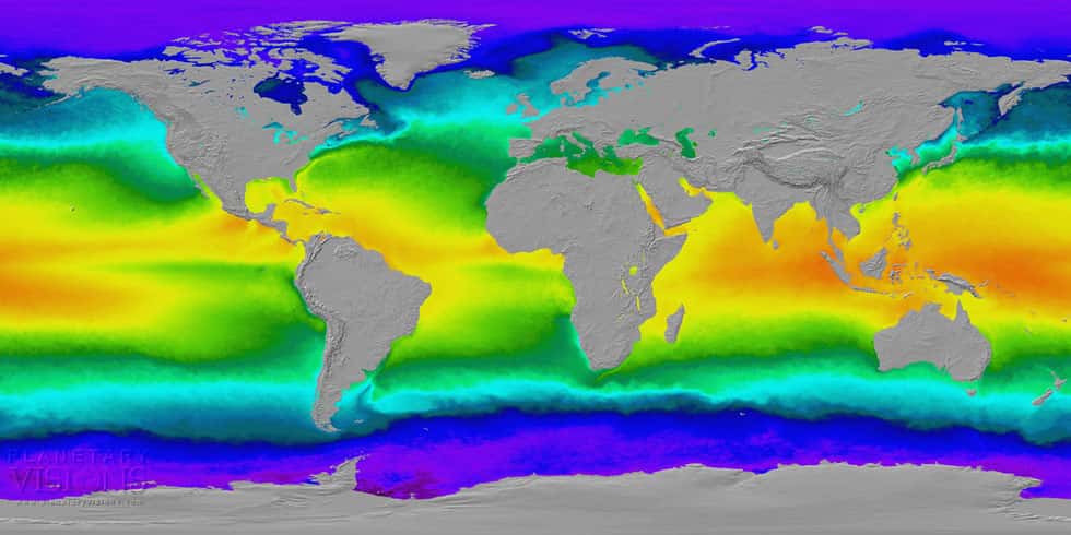 La température de surface des océans est maximale à l'équateur (en rouge-orangé) et diminue en remontant vers les pôles (en violet). Dans l'océan Pacifique équatorial, il y a un gradient de température entre l'est (plus froid) et l'ouest (plus chaud), généré par la circulation de Walker. Dans l'océan Indien, la configuration est inverse. En conséquence la région autour de l'Indonésie est soumise à d'intenses convections atmosphériques. Mais d'après cette étude, la zone de convection atmosphérique se déplace vers le centre du Pacifique. © <em>Planetary Visions</em>