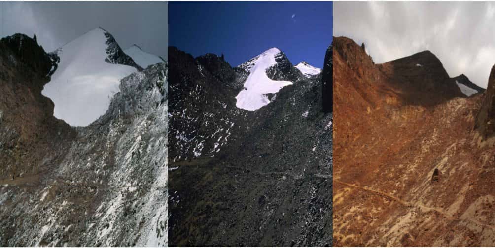Le glacier de Chacaltaya, situé en Bolivie, culmine à 5.350 m. À gauche, le glacier pris en 1994, au centre en 2000 et à droite en 2009. Le glacier a complètement disparu. © Bernard Francou