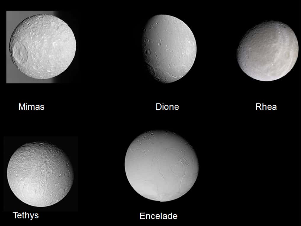 Les 5 principales lunes glacées de Saturne. On vient peut-être de comprendre leur origine à partir des anneaux de la planète. © Nasa
