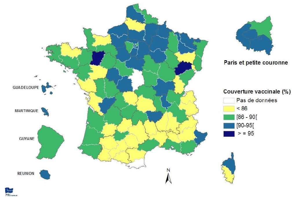 Distribution par département des couvertures vaccinales RRO (rougeole-rubéole-oreillons) à l'âge de 2 ans (donnée la plus récente entre 2003 et 2008). On note une répartition inégale avec, globalement, moins de vaccinations dans le sud de la France. (Source : certificats de santé du 24<sup>e</sup> mois, Drees, InVS.) © INVS
