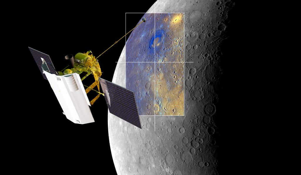 La sonde Messenger en train de dresser une carte en fausses couleurs de la surface de Mercure. Elle a effectué un survol complet de la planète. © Nasa, <em>Johns Hopkins University Applied Physics Laboratory</em>,<em> Carnegie Institution of Washington</em>