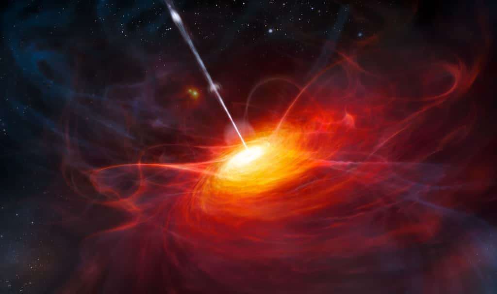 Une vue d'artiste du quasar Ulas J1120+0641 découvert par les astronomes, avec des jets de matière. C'est l'un des quasars les plus distants connus. © ESO, M. Kornmesser