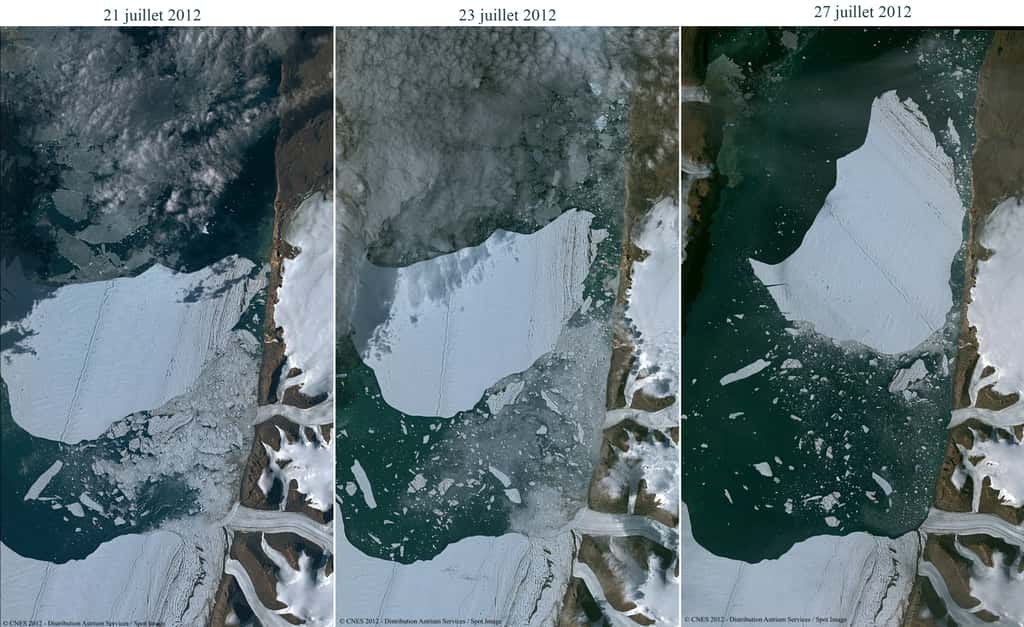 Exemple de revisite avec le suivi du vêlage d'un iceberg géant du glacier Petermann (au Groenland). Avec Pléiades 1A, la revisite ne pouvait se faire que chaque semaine, alors qu'avec Pléiades 1B, elle sera quotidienne. © Astrium Service 2012