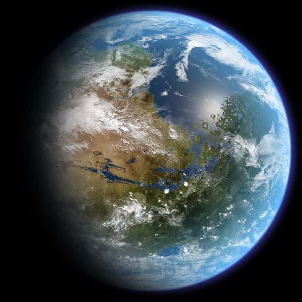 Une vue d'artiste de Mars rendue habitable par la terraformation. Elle possède à nouveau des océans et son atmosphère pourrait être remplie de CFC pour assurer un fort effet de serre. © Daein Ballard