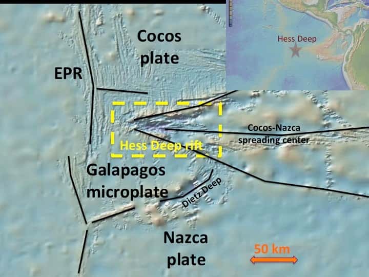 La région de Hess Deep est au large du Costa Rica. Elle est à la confluence de 3 plaques tectoniques : la grande plaque pacifique (EPR), la plaque de Cocos (<em>Cocos plate</em>) et la plaque de Nazca (<em>Nazca plate</em>). La mission <em>Deep Hess Plutonic Crust</em> a pour but de forer la croûte océanique dans cette région. © Smith <em>et al.</em>, 2011