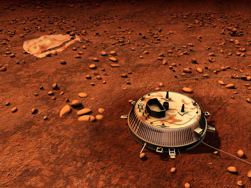 Une vue d'artiste du module Huygens sur Titan. Cela fait 8 ans que le module de l'Esa a touché le sol de la planète, nous transmettant brièvement quelques images. © Esa, C. Carreau