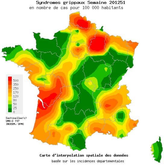 La carte des syndromes grippaux en France métropolitaine observés du 17 au 23 décembre 2012 par le réseau Sentinelles. Le niveau d’activité des syndromes grippaux devrait continuer d’augmenter cette semaine. © Réseau Sentinelles