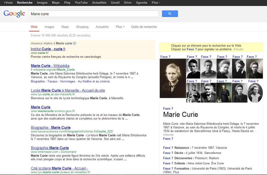 Exemple d’un résultat produit par le Knowledge Graph de Google lorsque l’on effectue une recherche sur Marie Curie. Les internautes peuvent signaler la présence d’une erreur sur les informations présentes dans la fiche de synthèse. © Google