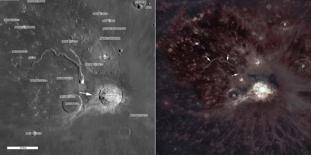 Photographié en infrarouge (à droite) par la caméra grand-angle de la sonde LRO, le plateau d'Aristarque révèle comment les éjectas produits lors de la formation du cratère sont venus se superposer aux coulées de lave (plus rouges au nord-est du cratère). © Nasa, GSFC, <em>Arizona State University</em>