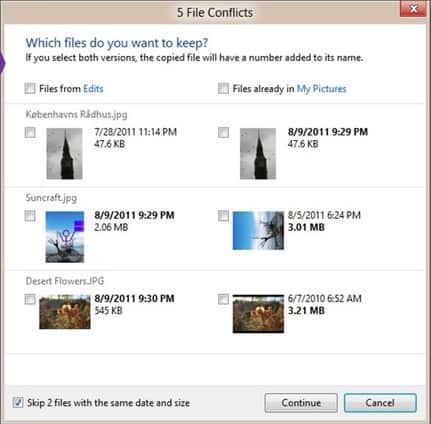 Sur Windows 8, le gestionnaire de conflit lors d’une copie ou déplacement de fichiers proposera une option permettant d’ignorer automatiquement les doublons. © Capture d'écran Windows 8 beta/Microsoft