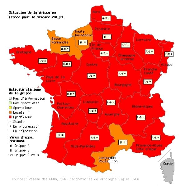 L'épidémie de grippe colore la France en rouge. Seules trois régions (Haute-Normandie, Basse-Normandie et Languedoc-Roussillon) sont teintées en orange, signe d'une activité un peu moins forte. Mais la maladie virale risque encore de s'étendre dans la semaine qui vient... © Grog