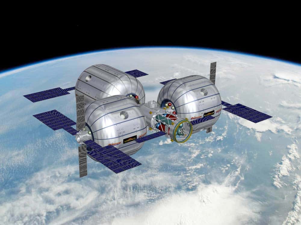 Le projet de station spatiale de Bigelow Aerospace qui serait desservie par des capsules Dragon de SpaceX ou CST-100 de Boeing. © Bigelow Aerospace