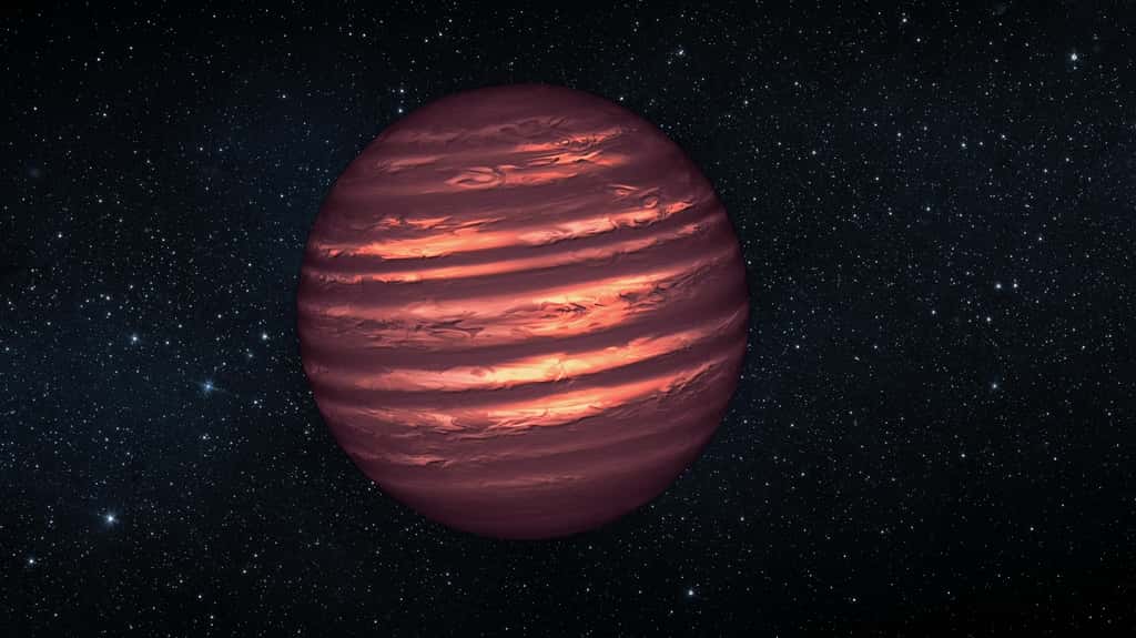 Une vue d'artiste de la naine brune 2MASSJ22282889-431026. Ce n'est pas une planète, même si on pense qu'elle partage des points communs avec des géantes gazeuses comme Jupiter. Elle tourne sur elle-même en 1,4 heure et des nuages de la taille de la Terre circulent sous l'action des vents. © Nasa, JPL-Caltech