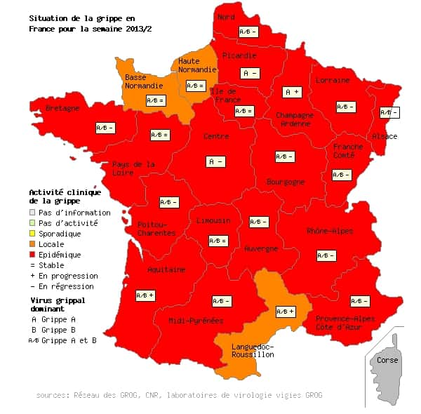 Comme la semaine passée, seules trois régions sont en orange : la Normandie réunifiée et le Languedoc-Roussillon. Le reste de la France est toujours dans le rouge. © Grog