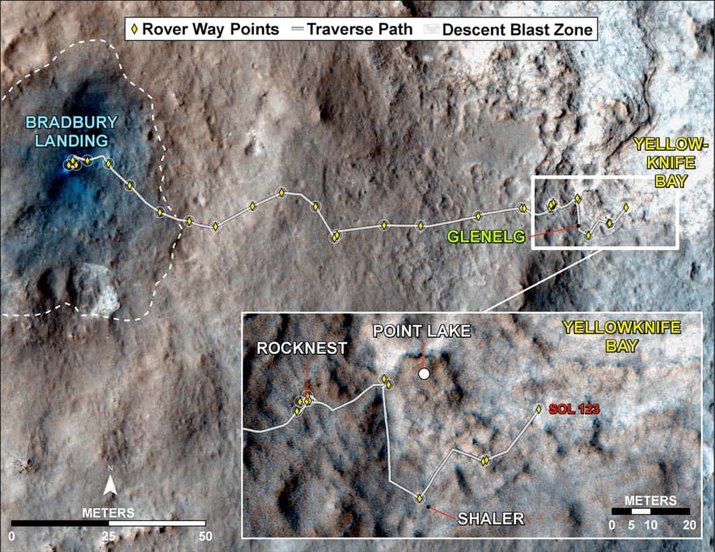 Le parcours du rover Curiosity depuis son atterrissage dans le cratère Gale (Bradbury Landing), le 6 août 2012. Curiosity se trouve actuellement dans la zone de Yellowknife Bay. © Nasa, JPL, <em>University of Arizona</em>