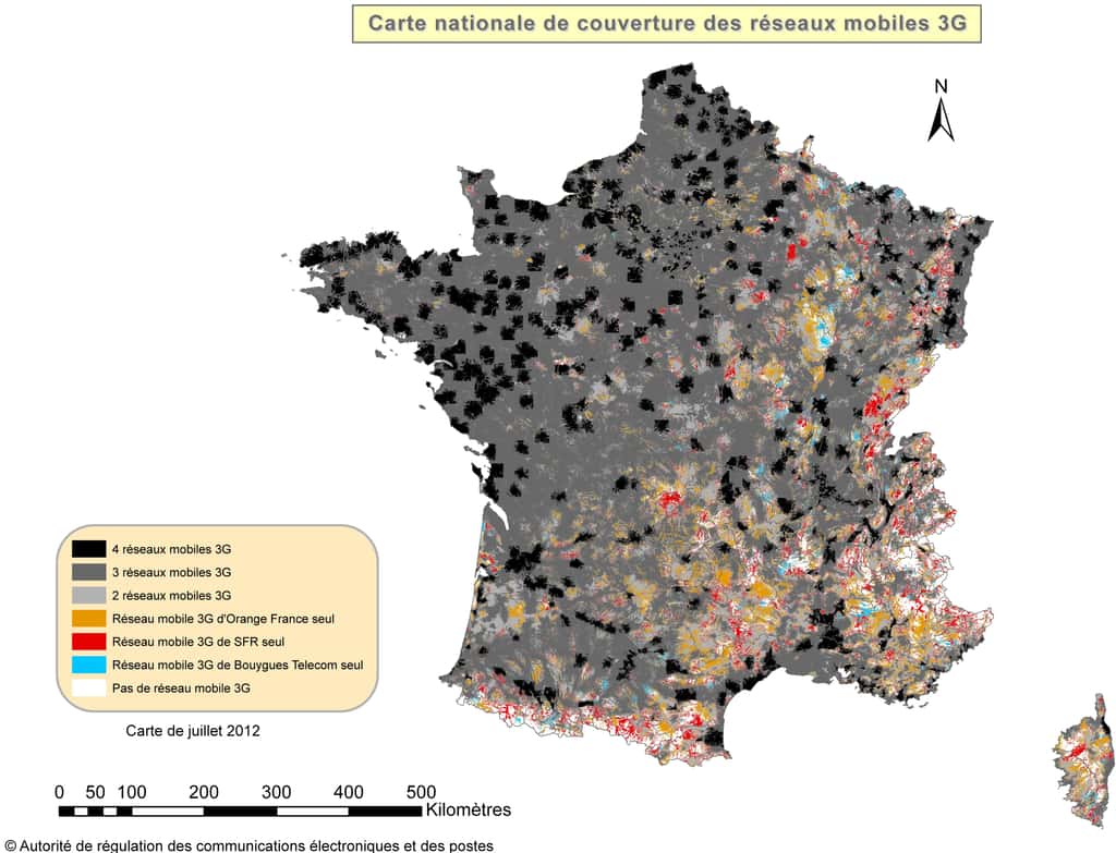 La <a href="http://www.arcep.fr/fileadmin/reprise/dossiers/mobile/couv-2g-3g-2012/Carte_couv_3G.jpg" title="La carte de couverture 3G de la France métropolitaine" target="_blank">couverture des réseaux</a> 3G en 2012 selon l'Arcep. Officiellement, les trous sont rares... © Arcep
