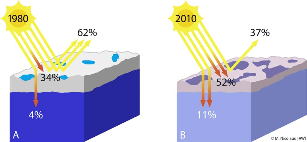 Dans les années 1980, la banquise était plus épaisse que maintenant, et contenait moins de flaques d'eau en été. Le rayonnement incident était alors beaucoup mieux réfléchi (à hauteur de 62 %, sur la figure A). Seule 4 % de la lumière solaire était transmise à l'océan. En 2010, la banquise s'est largement amincie et de plus grandes étendues d'eau se sont formées au-dessus de la glace. L'énergie réfléchie ne représente plus que 37 % du rayonnement incident, et l'océan en absorbe 11 %. © Marcel Nicolaus, Yves Nowak, <em>Alfred Wegener Institute</em>