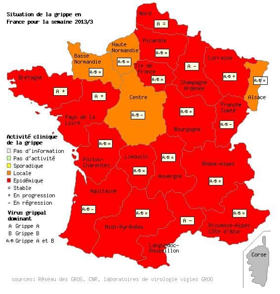 L'épidémie de grippe frappe entièrement 17 régions françaises, tandis que les foyers sont plus localisés en Haute-Normandie et en Basse-Normandie, dans la région Centre, mais aussi le long de la frontière avec l'Allemagne, en Alsace. © Grog