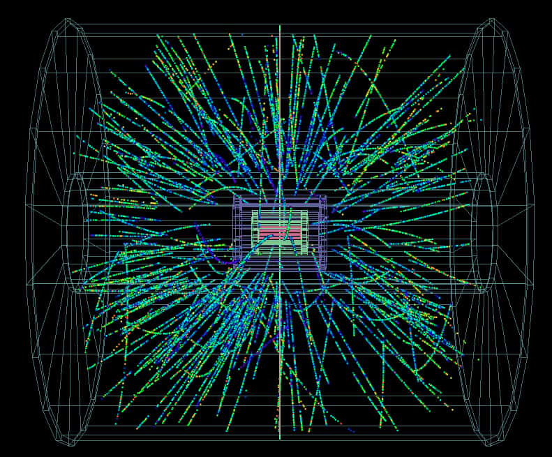 Le 13 septembre 2012, au Cern, des faisceaux de protons sont entrés en collision pour la première fois avec des faisceaux d'ions de plomb. On voit ici le résultat de ces collisions vu par l'un des détecteurs du LHC, Alice. © Cern