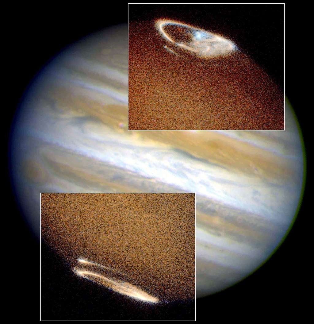 Ces images d'aurores sur Jupiter (vues en ultraviolet), superposées à une photo en lumière visible de l'ensemble de la planète, ont été prises par Hubble. Ces aurores sont liées aux interactions entre Jupiter et le vent solaire, mais aussi à l'interaction de son champ magnétique avec sa lune Io, entourée d'une ionosphère conductrice d'électricité. © Nasa