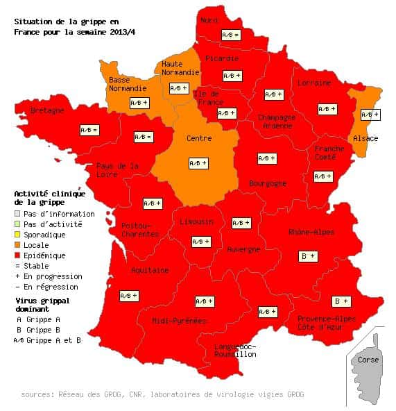 Comme la semaine précédente, pour la grippe, les quatre mêmes régions ne sont pas en situation épidémique générale : l'Alsace, la Basse-Normandie, le Centre et la Haute-Normandie. © Grog