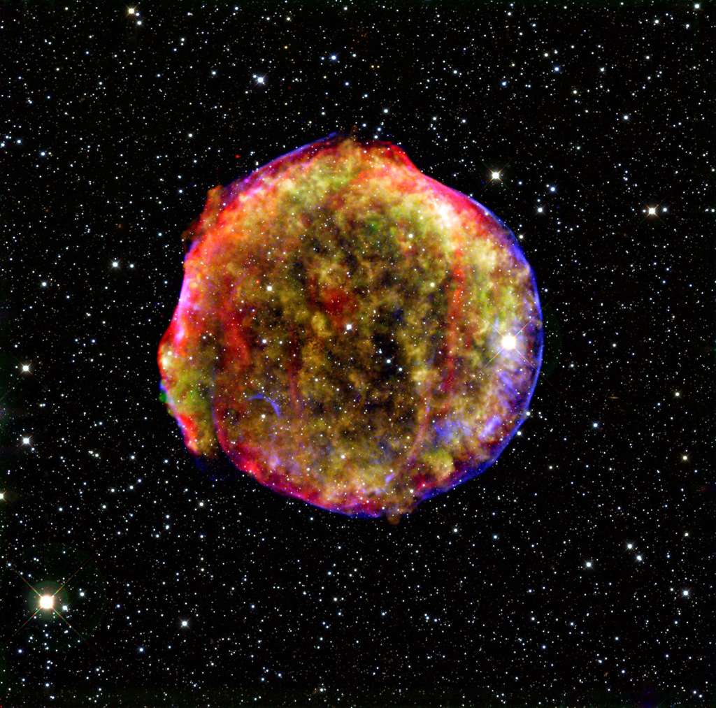 Le 11 novembre 1572, Tycho Brahe observait l'explosion d'une étoile à 1.500 années-lumière de nous dans la constellation de Cassiopée. Il s’agissait d’une supernova, et l’on sait maintenant qu’elle était de type SN Ia, donc associée à l’explosion d’une naine blanche. On voit sur cette image composite le reste de la supernova SN 1572, dite aussi supernova de Tycho. © Rayons X : Nasa, CXC, SAO ; infrarouge : Nasa, JPL-Caltech ; optique : MPIA, Calar Alto, O. Krause <em>et al.</em>