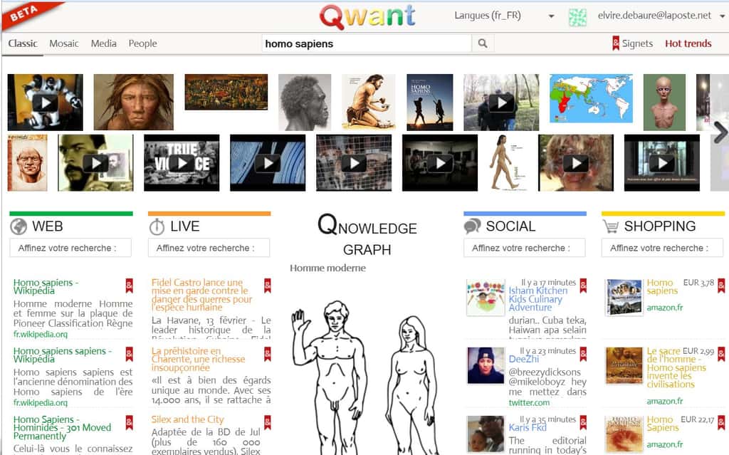 En présentation « Classic<em> </em>», Qwant affiche une page présentée en colonnes, avec une catégorie pour les articles récents (« Live »), une autre pour un assez mystérieux « Qnowledge Graph » et une rubrique « Shopping », à la destinée plus claire. On remarque aussi « Social », pour fouiller dans les messages des uns et des autres. © Qwant