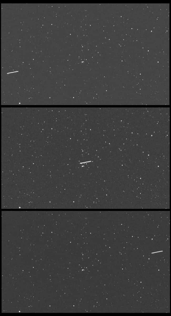 Ces trois images montrent le déplacement de l'astéroïde 2012 DA 14 devant le fond du ciel étoilé. © E. Guido, N. Howes, <em>Remanzacco Observatory</em>