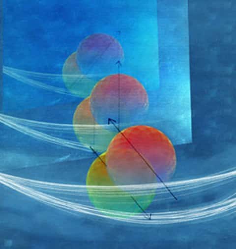 Une représentation d'artiste de la superposition quantique des états de spin de plusieurs électrons (boules rouges ou vertes). Ces états de spin correspondent aux flèches orientées parallèlement, mais en sens opposés sur le schéma. © <em>Aalto University</em>