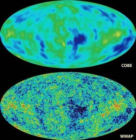 <br />Au-dessus, les fluctuations du rayonnement fossile à 2.7 K telles que mesurées par COBE en 1992 comparées à la résolution estimée du satellite Planck, la mission WMAP de la NASA qui devrait est lancée en 2007.