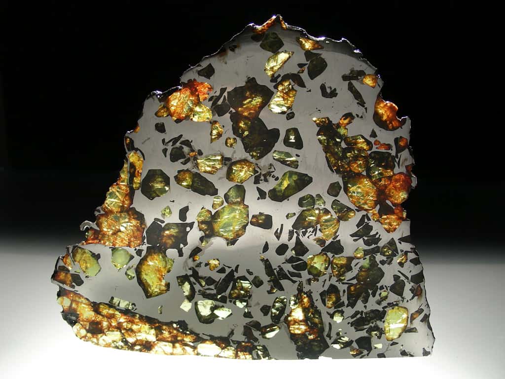 La météorite Esquel est une pallasite trouvée en 1951 dans la province de Chubut en Argentine. Il s’agit de la plus belle des météorites constituées d’une trame de fer et de nickel dans laquelle se détachent des grains d’olivine. © L. Carion, carionmineraux.com