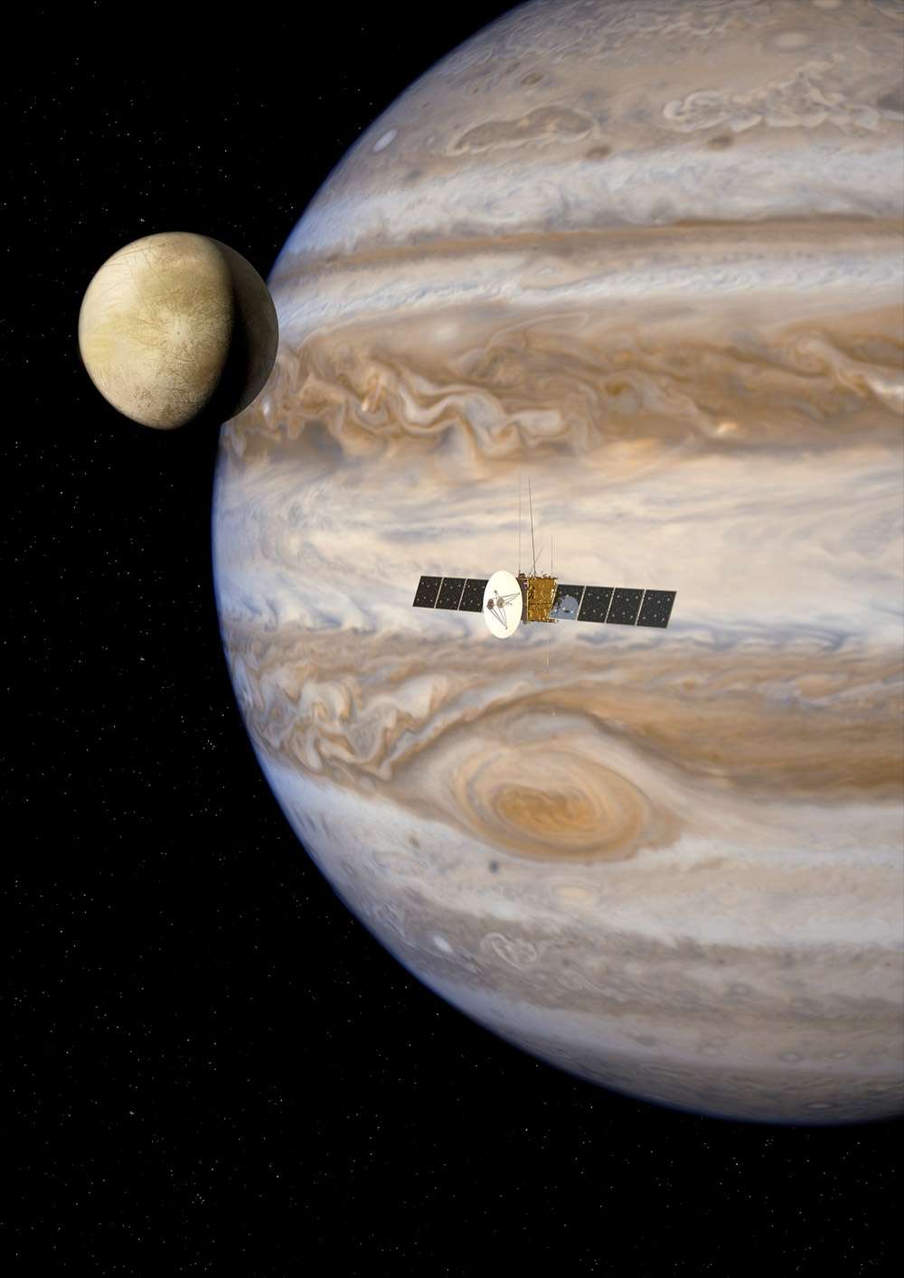 Après les sondes Voyager, l'exceptionnelle mission de Galileo et en attendant Juno, en route vers la géante gazeuse, Juice sera la quatrième sonde à s'intéresser à Jupiter et à certains de ses satellites. © Esa, AOES