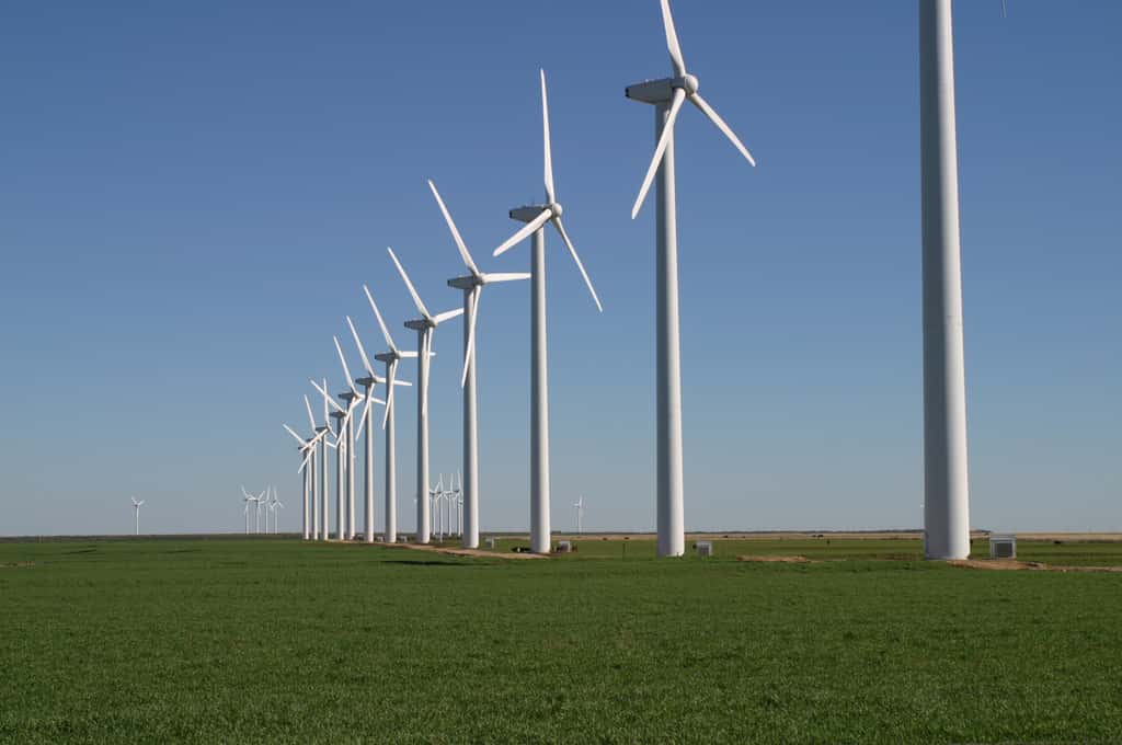 Ce parc éolien du Texas, <em>Brazos Wind Farm</em>, comprend 160 éoliennes. Comme il s’étend sur plus de 100 km<sup>2</sup>, il est donc possible que sa capacité de production d'énergie soit moins importante que calculée jusqu'à présent, selon une nouvelle étude. © Leaflet, DP