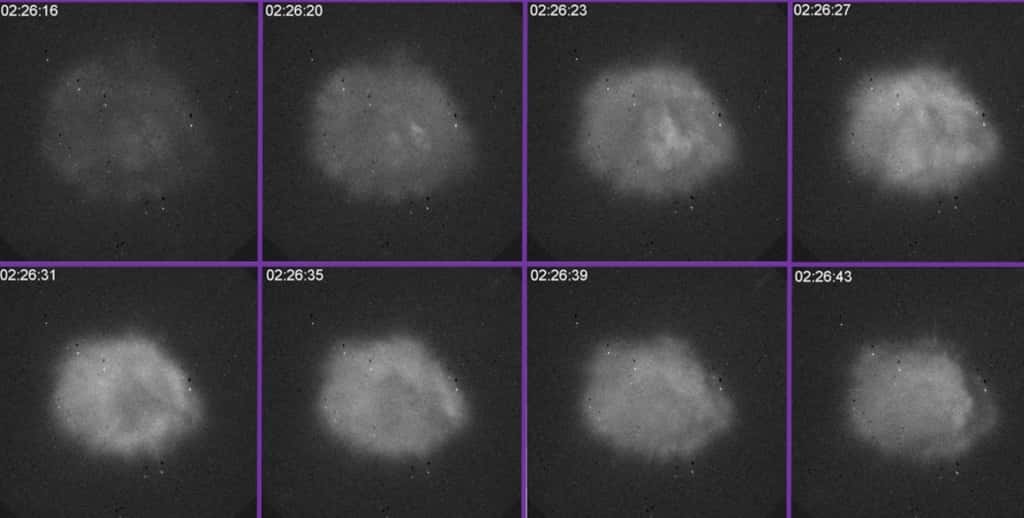 Des images dans le visible d'un nuage de plasma artificiel créé à l'aide d'un faisceau de hautes fréquences avec Haarp au-dessus de l'Alaska. Cela s'est passé le 12 novembre 2012, entre 2 h 26 mn 16 s et 2 h 26 mn 43 s TU. © Elizabeth Kendall, SRI International